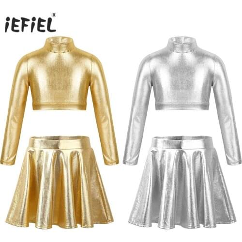 Girls Kids Jazz Dance Dress Suits Long Sleeves Turtleneck Tops Flared Pleated Skirt for Children Ballroom Modern Dance Costumes