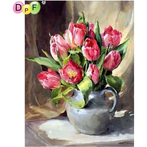 DPF DIY Pink Red Tulip 5D crafts diamond painting cross stitch needlework diamond mosaic square home decor diamond embroidery