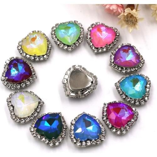 HFOUR Heart Shape Pointback Glass Ab Mocha Rhinestones Sliver Base Cup Chain Rim Crystal Button Sew On Dress/Garment/Shoes