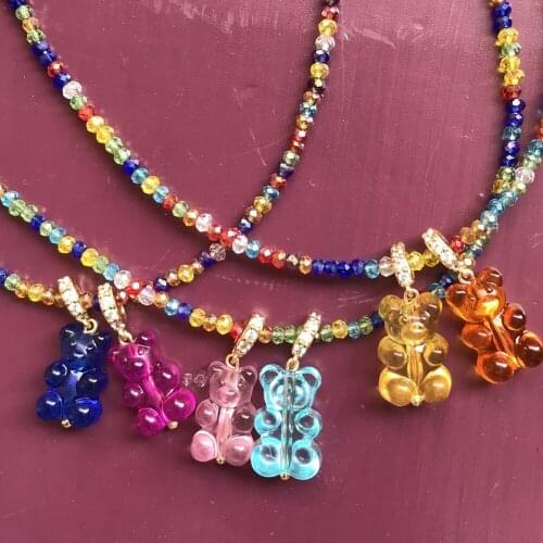 Boho Resin Bear Zircon Pendant Rainbow Glass Beaded Necklaces Female Elegant Pearl Colorful Crystal Stone Bead Necklace Jewelry
