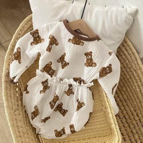 Autumn New Bear Print Baby Long Sleeve Clothes Set Cartoon T Shirts + Pp Shorts Boys 2pcs Clothes Set Cotton Baby Girl Outfits