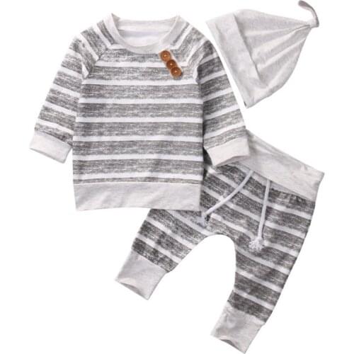 Baby Boy 3Pcs Clothes Sets Spring Autumn Long Sleeve Striped Buttons T-shirt Top + Striped Pant + Hat Outfits Clothing Suit
