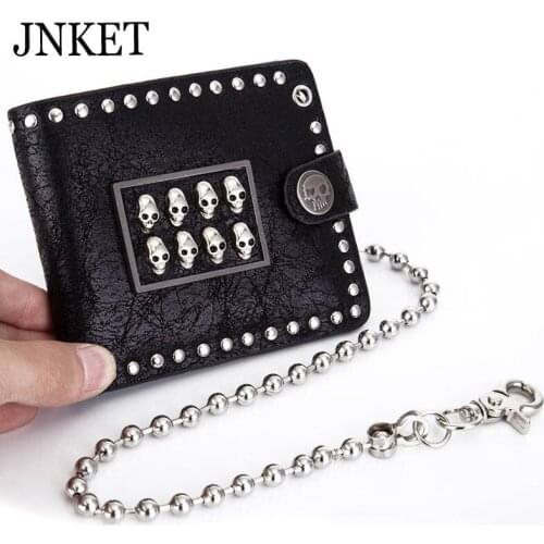 JNKET Punk Rock Wallet Mens Rivet Chain Skull Wallet PU Leather Purse Money Clip Billfold Short Wallet Detachable Metal Chain