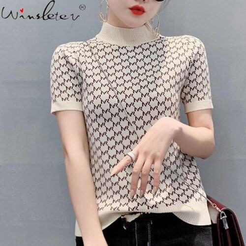 Summer European Clothes Knit Vintage T-shirt Sexy Fashion Print Classic Grid Women Tops Slim Bottoming Shirt Tees 2021 T13504A