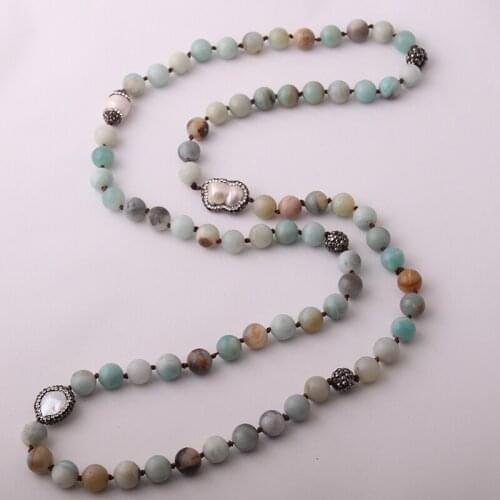 MOODPC Fashion Knotted 10mm Amazonite Natural Stone Handmake Black Crystal Paved Pearl Charm Long Necklace