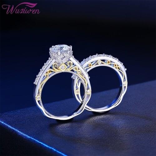 Wuziwen Brilliant Round Cut AAAAA Zircon Bridal Set 925 Sterling Silver Wedding Engagement Rings For Women Yellow Gold Ornament