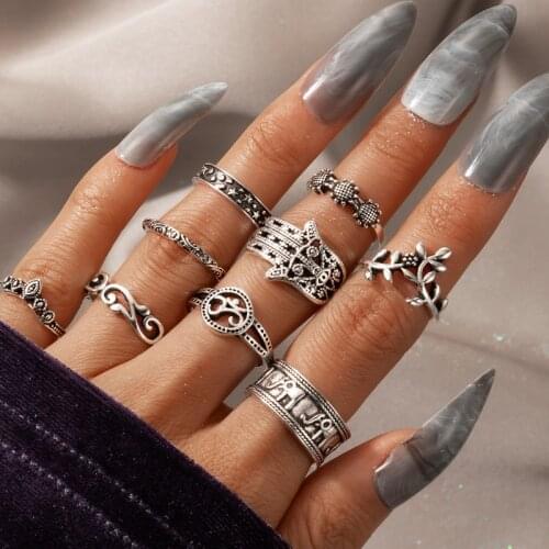 Trendy Summer 9 Pcs/set Bohemian Hollow Carved Elephant Crown Finger Ring Set for Womens Party Jewelry 2021