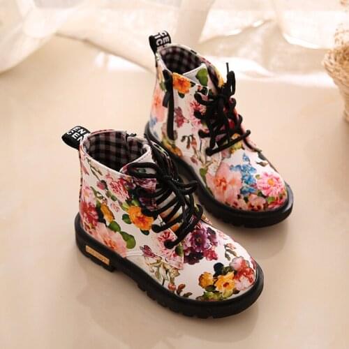 2020 Autumn Girls Boots PU Leather Waterproof Kid Baby Boots Shoes Fashion Flower Zip Rome Little Girl Martin Boots