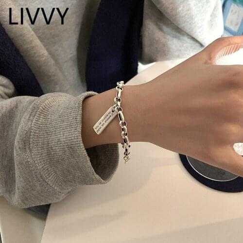 LIVVY Thai Silver Color Simple Square Tag Letter Bracelet Female Retro Unique Design Fashion Jewelry Wholesale