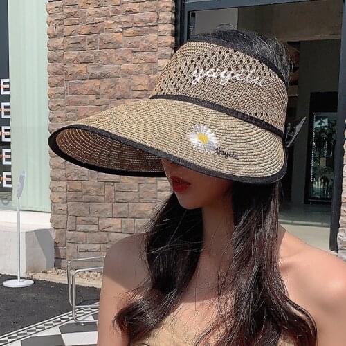 Hats For Women Adjustable Straw Caps Ladies Fashion Summer Breathbale Flower Embroidary Bow Foldable Empty Top Sun Hats