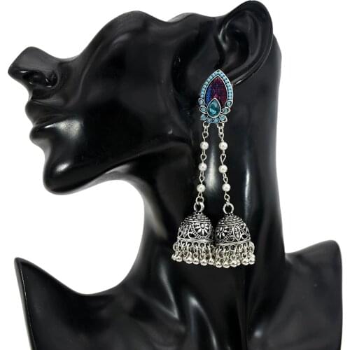 Womens India Geometric double Long Chain Tassel Hanging Dangle Drop Earrings Tibetan Jewelry Bohemia Bell Jhumka Earrings