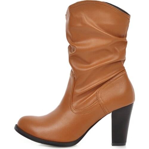 Vintage Mid-calf Boots For Women Shoes Block Heeled Short Boots Casual Womens Autumn Winter Boots Brown Gray Black Large size