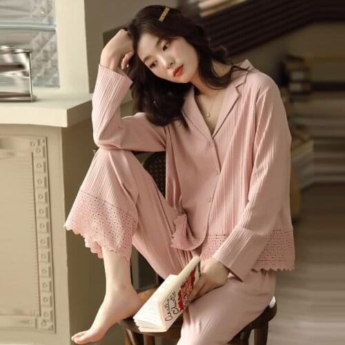 2021 New Pajamas Sets Women Pure Cotton Korean Temperament Sweet Pink Cardigan Sleepwear Long-sleeved Trousers Nightgown Pink