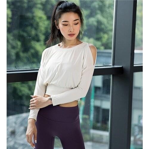 Women Sexy Shoulder Hollow Sport Top Fitness Gym Long Sleeve Breathable Yoga Crop Top Female Running Workout Tops Loose T Shirt
