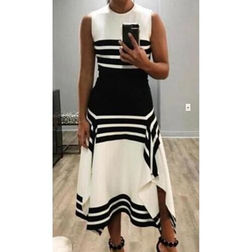 Women Stripe Sleeveless Dress Women Round Neck Casual Long Dress Vestido Vintage Black White Striped Party Dresses Vestidos