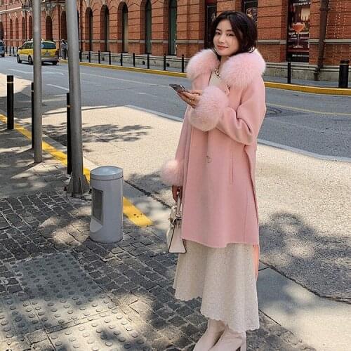 2021 Real Fur Coat Winter Jacket for Women Genuine Fox Fur Collar Cashmere Wool Blends Double Breasted Midi Overcoat