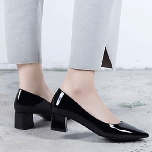 2021 New Women Pumps Black Gray High heels 5cm/7cm Lady Patent leather Thick with Autumn Pointed Single Shoes Female Sandals