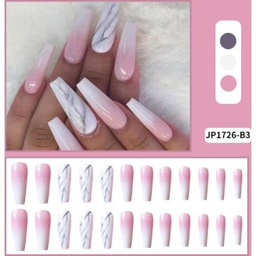 24pcs Pink Gradient Nail Patch Marble Pattern Glue Type Removable Long Paragraph Fashion Manicure False Nail Patch Fake Nails