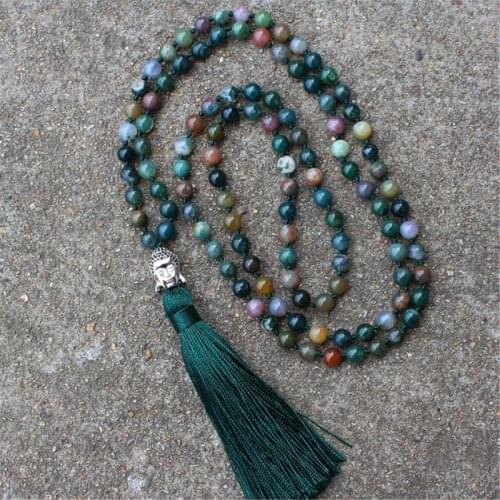 6mm Indian A-gate G-emstone Necklaces 108 Mala Beads Buddha Tassel Wrap Necklace Natural Stone Healing Prayer Yoga Jewelry Women