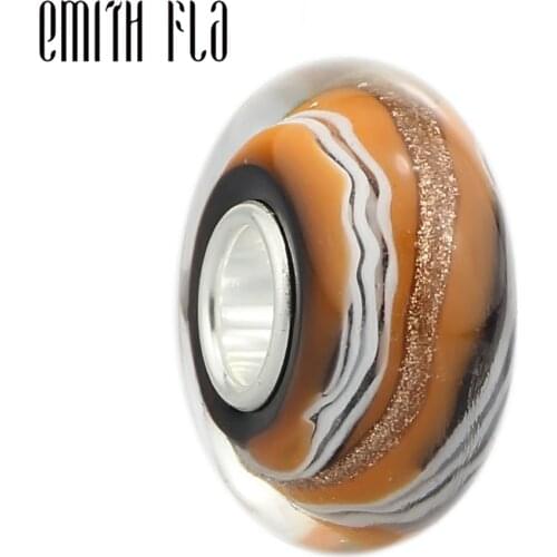Emith Fla 100% Real 925 Sterling Silver Big Hole Foil Color Stripe Murano Glass Charm Bead Fit Original European Charm Bracelet