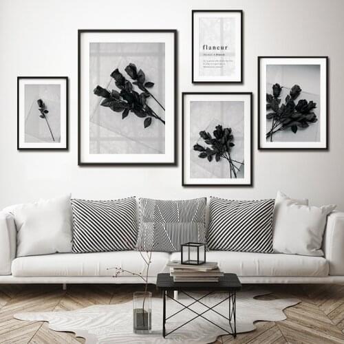 Black White Wall Art Rose Flower Print Canvas Painting Flaneur Quote Poster Nordic Fashion Picture for Living Room Home Decor