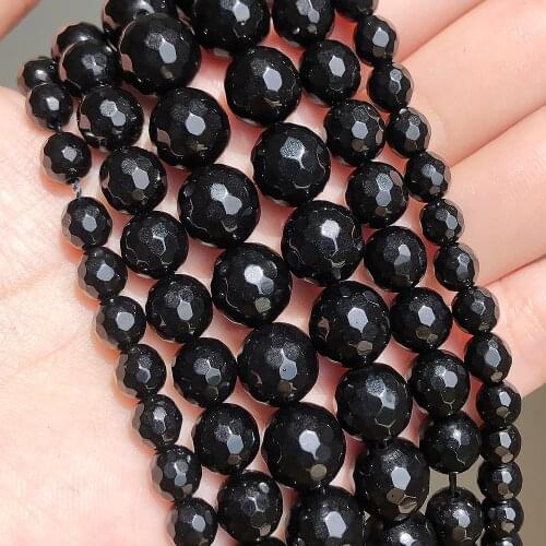 Faceted Black Agates Round Loose Spacer Beads Natural Stone Beads for Jewelry Making DIY Crafts Accessories 4/6/8/10/12mm