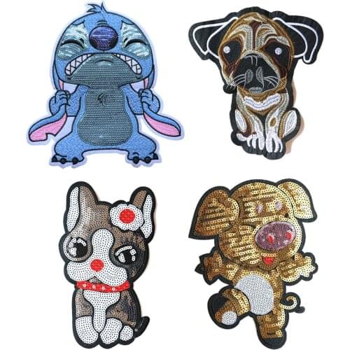 Cartoon Decorative Patch Pug Dog French Bulldog Golden pig Sequins icon Embroidered Applique Patches For DIY Iron on Badges