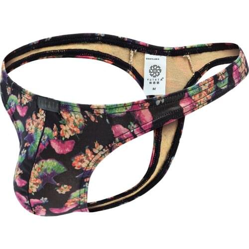 Mens Thong Underwear Sexy Milk Silk Ginkgo Leaf Print U-convex Pouch Men Thongs & G Strings Tangas Hombre Ropa Interior