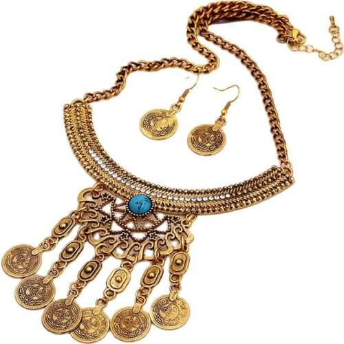 Bohemian Retro Tribal Crystal Crescent Bead Flower Coin Fringe Bib Necklace Earrings Set Turkish Gypsy Jewelry Set