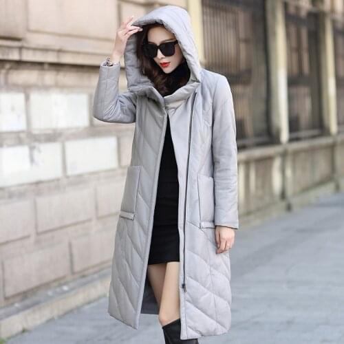Natural Sheepskin Coat 2020 Casual Genuine Leather Jacket Women Long Warm Winter Down Jackets Hooded Plus Size B0302