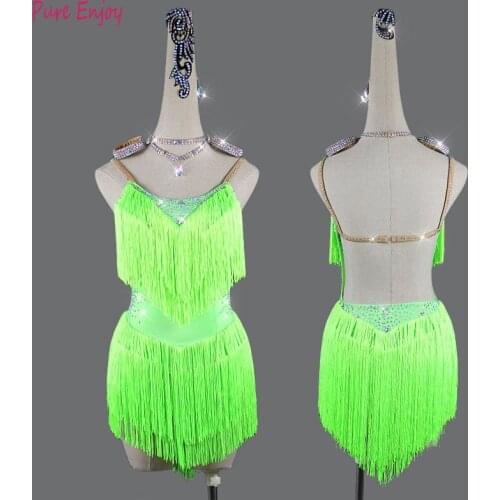 New Girls Kids Adult Modern Ballroom Latin Dance Dress Tassel Fringe Salsa Tango Dance Wear green Performance Stage Wear