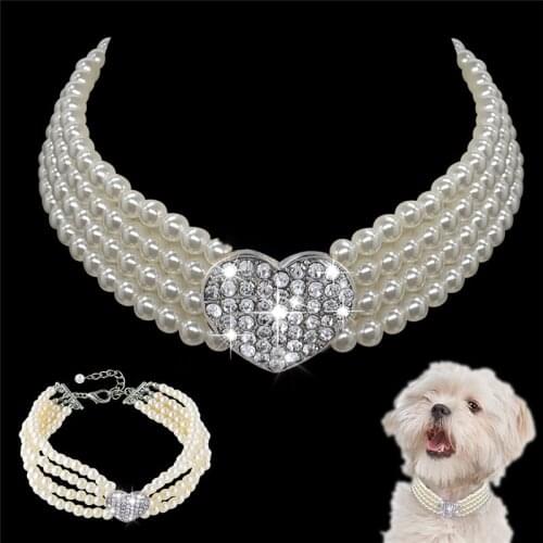 New Puppy Dog Animals Four Rows Pearls Necklace Collar Shiny Rhinestone Heart Shape Pendant Cat Collar Jewellery Pet Supplies