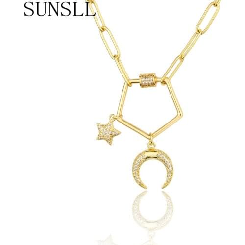 SUNSLL Fashion gold copper neckalce white cubic zircon star/moon pendant necklace women sweater chain Combination jewelry gifts