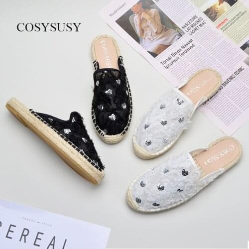 Korean-Style Casual Sequined Mesh Fishermans Shoes Straw Slippers Womens Gentle Fairy Flat with Soft Bottom Womens Shoes
