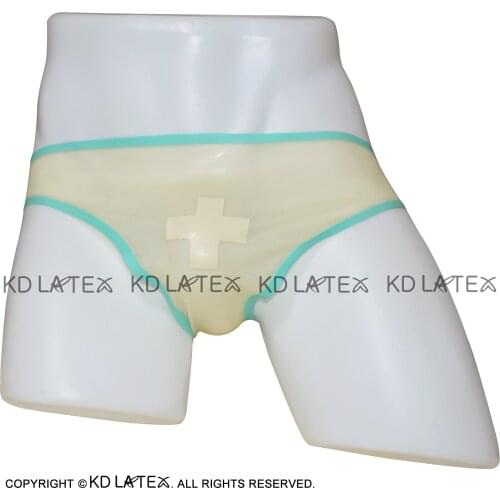 Transparent Sexy Latex Briefs Wind White Cross And Jade Green Trims Rubber Panties Shorts Underpants Underwear DK-0136
