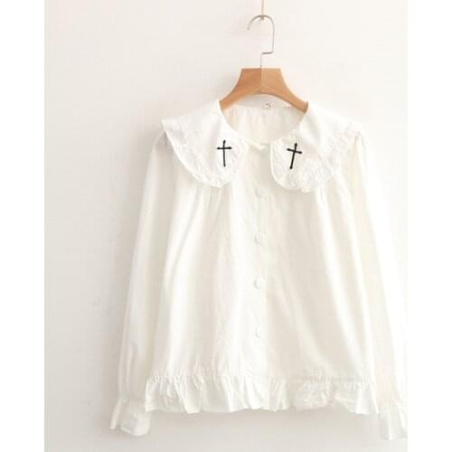 Size M L White Cotton Shirts Front Peter pan Back Sailor collar Cross Embroidery Women High quality Vintage Full sleeve Blouses