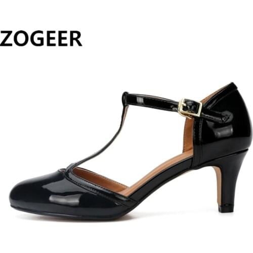 Quality Black Red Sandals Summer Shoes Women Large size 48 Elegant Thin Heels T-Strap Office Wedding Dress Pumps Woman Footwear