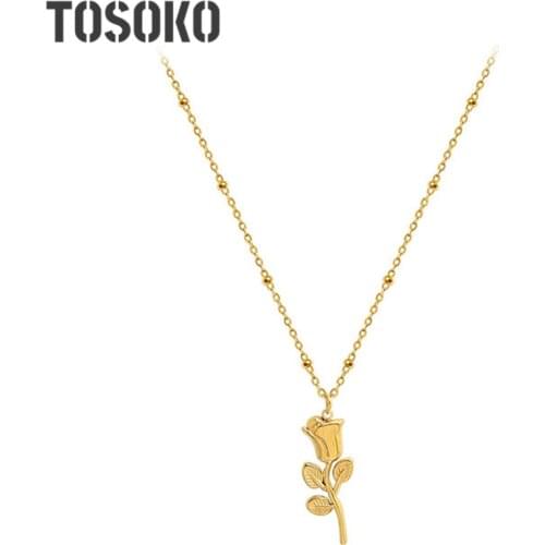 TOSOKO Stainless Steel Jewelry Rose Pendant Necklace Elegant And Fashionable Female Clavicle Chain BSP889
