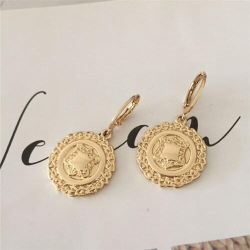 Trendy Gold Color Engraved Round Disc Charm Hoop Earrings For Women Girl Casual Chic Elegant Gorgeous Office Jewelry
