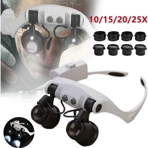 10X 15X 20X 25X Head Wearing Magnifier Double Eye Magnifying Glasses with LED Jewelry Appraisal Watch Repair Tool