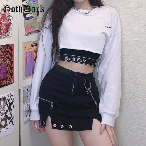 Goth Dark Such Cute Black Letter Printed Gothic Camis Hip Hop White Loose Women Long Sleeve Crop T-shirts Fashion Two Piece Set
