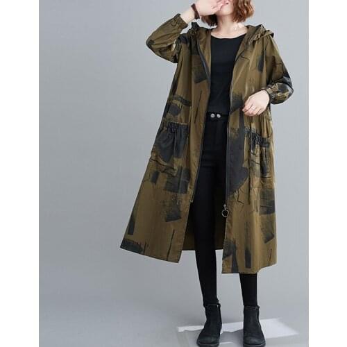 Plus Size Oversized Hooded Casual Loose Long Autumn Spring Trench Coat For Women Windbreaker 2021 Zipper Ink Graffiti Outerwear