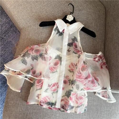 Flower Shirt Woman 2020 Spring and Summer New Temperament Ladies Sexy Strapless Shirt Printing Organza Chiffon Shirt Female Tops