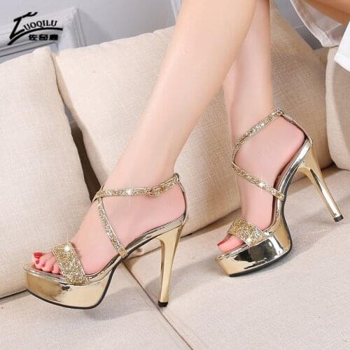 High Heel Pump Platform Women Pumps New Arrival Fashion Sexy Gold Silver High Heels Shoes Bling Open Toe Cross Strap Heels