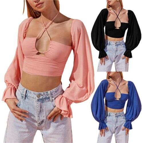 Women Solid Color Hlater Crop Tops Fashion Lantern Sleeves Close-fitting T-shirt Summer Long Sleeve Backless Slim Blouse