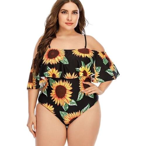 2021 New Printed Sun Flower Ruffles One Piece Swimwear sexy women off shoulder plus size bathing suit swimsuit beachwearL--5XL