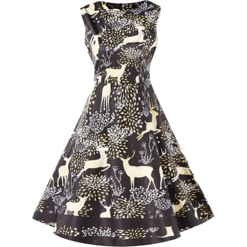 Wipalo Women Christmas Elk Print High Waist Swing Dress Female Vintage Retro Sleeveless A-Line Party Summer Dresses Vestidos 2XL