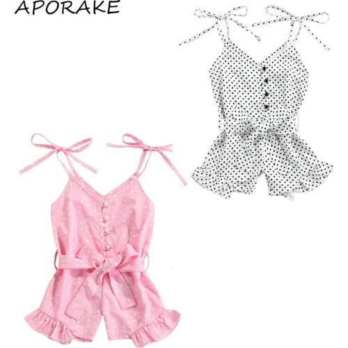 2021 0-5Y Fashion Infant Baby Girl Playsuit Star/Dot Print V Neck Sleeveless Bandage Pearls Button Jumpsuit Romper Summer Outfit