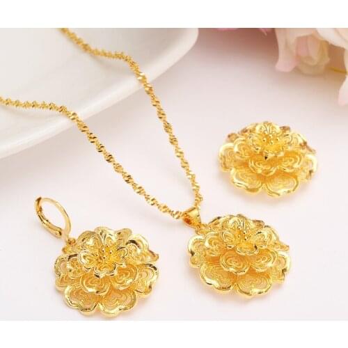 Bangrui Ethiopian Gold Color Flower set Jewelry Pendant Chain Earrings African Bride Wedding Flower Bijoux