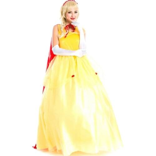 Bauty Princess Costume Adult Fantasia Cosplay costume yellow silk queen costume with red cape and white gloves x4613